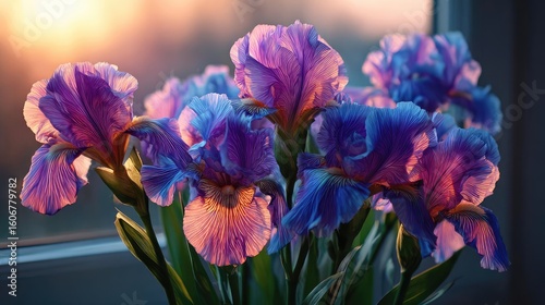 Iris balance in mood with flare concept. Beautiful purple irises illuminating a warm sunset glow.