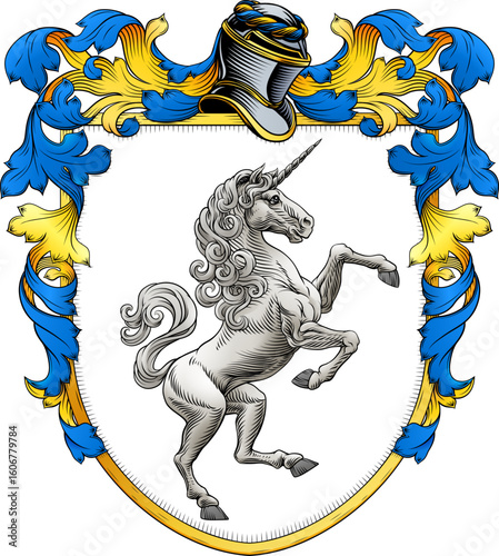 A Unicorn coat of arms or crest family heraldry medieval heraldic knight shield with helmet and acanthus filigree scroll ornament in a vintage woodcut style.