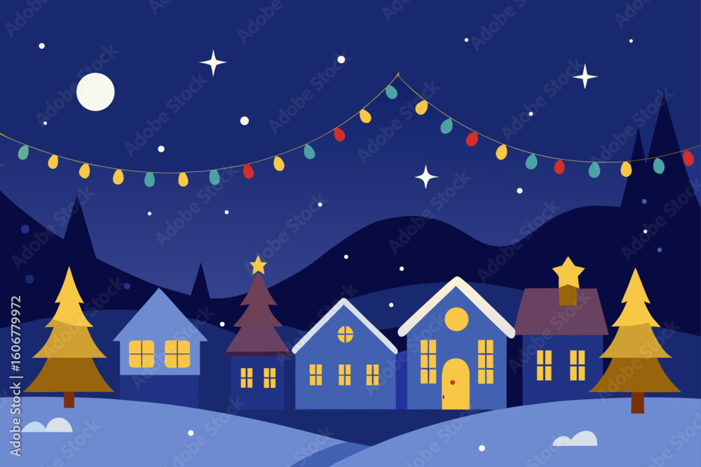 Naklejka premium Winter Village Scene Festive Lights Night View