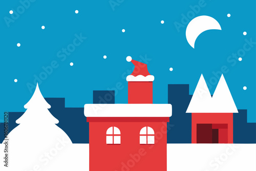Santa Sleigh Flying Over Snowy Rooftop Scene