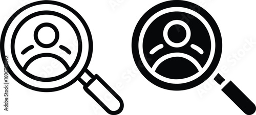 User Search Icon Set – Black and White Magnifying Glass Symbols for Profile, Find, and Recruitment Design