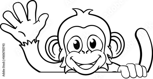 A monkey cartoon character animal peeking over a sign and waving