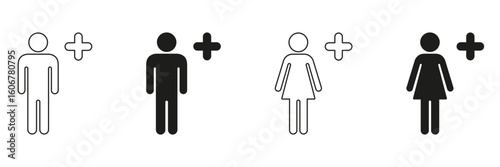 Male And Female With Plus Sign Icon Set. Gender Representation And Addition Concept Outline And Silhouette Symbol Collection. Healthcare And Social Interaction. Isolated Vector Illustration