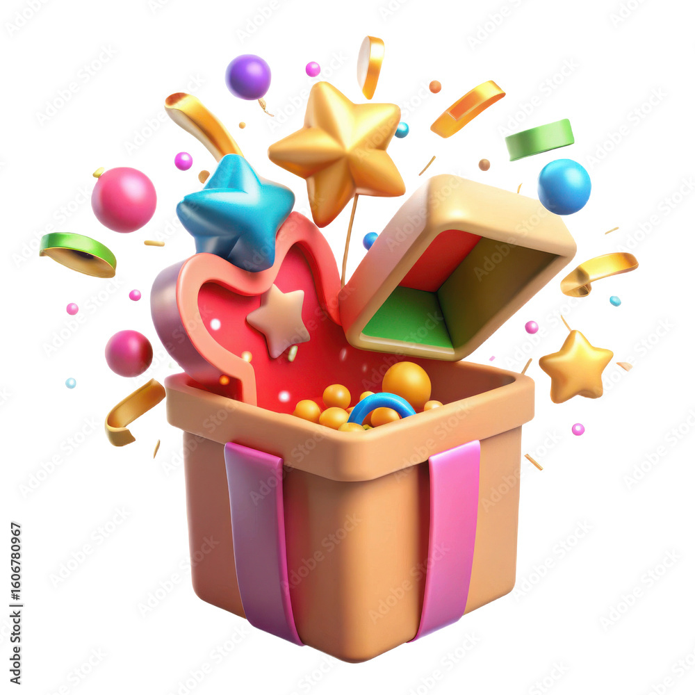Obraz premium Whimsical 3d illustration of an open gift box overflowing with colorful candies stars and confetti isolated on transparent background