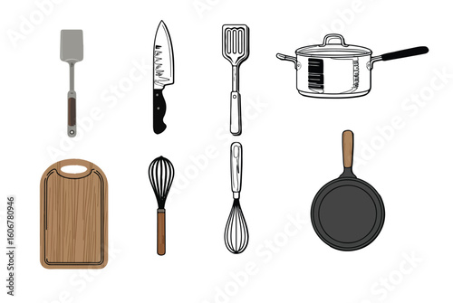 Illustration of various kitchen utensils on white