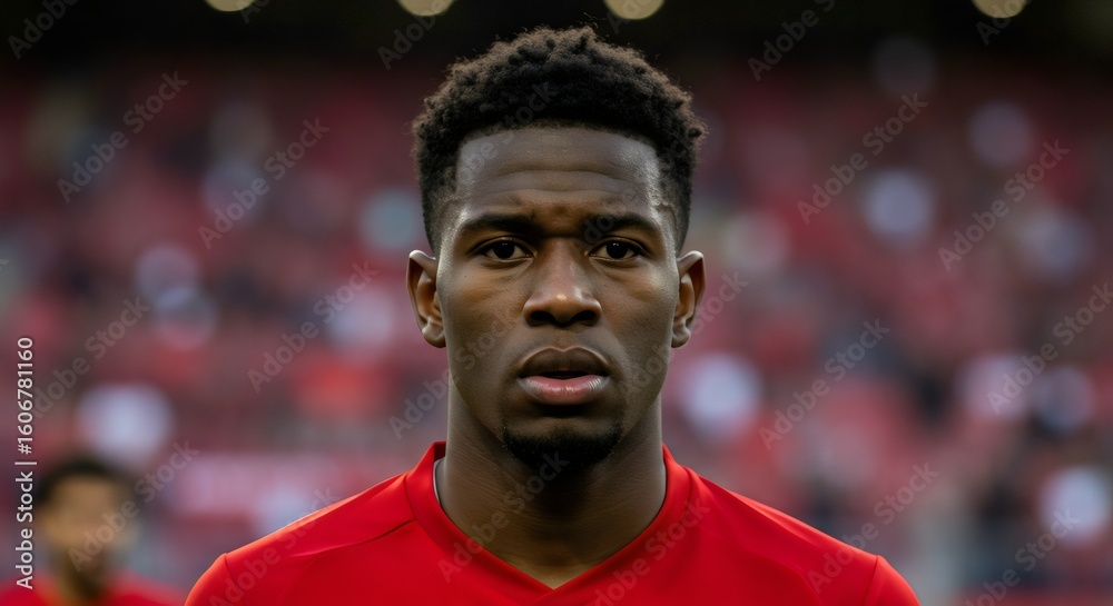 Serious African American Male Athlete Portrait in Red Jersey, soccer, football, sport Serious African American Male Athlete Portrait in Red Jersey, soccer, football, sport