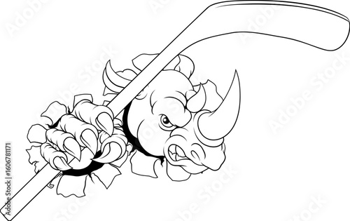 A rhino or rhinoceros ice hockey tough cartoon sports mascot