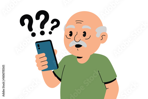Illustration of an elderly man looking confused at a smartphone with question marks above his head