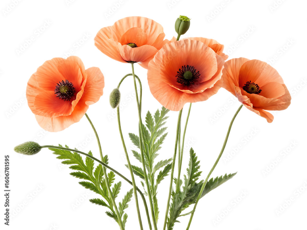 Fototapeta premium A vibrant display of peach colored poppies with green leaves against a black background image scene