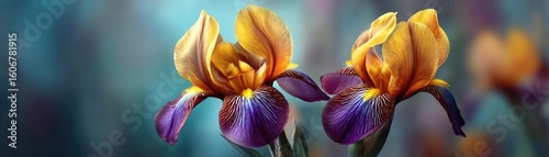 Iris balance in mood with flare concept. Vibrant close-up of yellow and purple blooming irises.