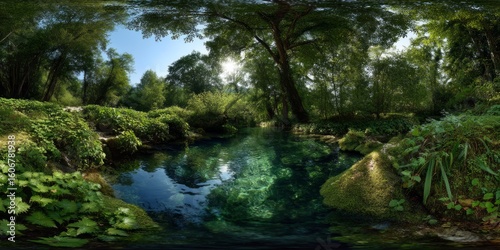 Calm nature scene tranquil forest hdr panorama 360 degree view lush green environment