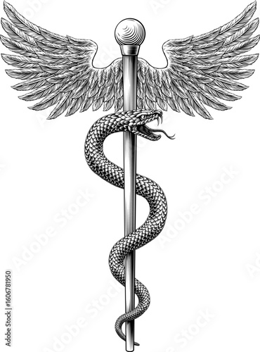 Rod of Asclepius staff medical symbol. Snake around rod or wooden staff. Often mistakenly called Caduceus. Doctor medicine and health care icon. Vintage woodcut etching style. Also features wings.