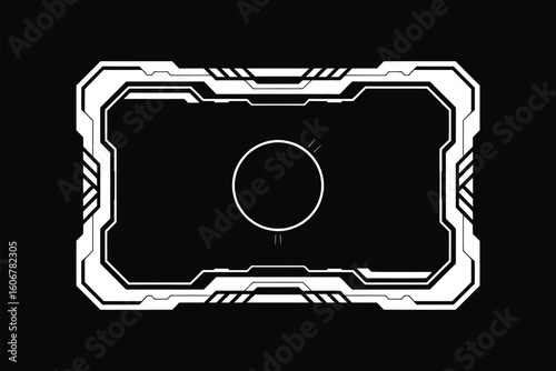A white futuristic hud frame with a circle in the center on a black background technology interface