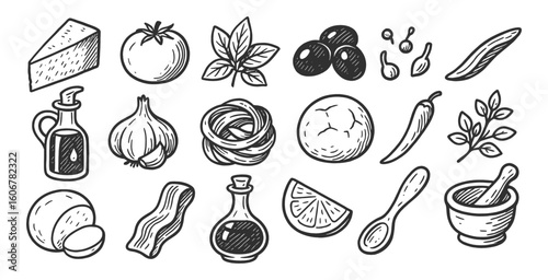 Italian food doodle icon set. Cute hand drawn sketch illustrations of cheese, tomato, basil, olive oil, pasta nest, and chili pepper. Black and white cartoon art for cooking ingredient themes.