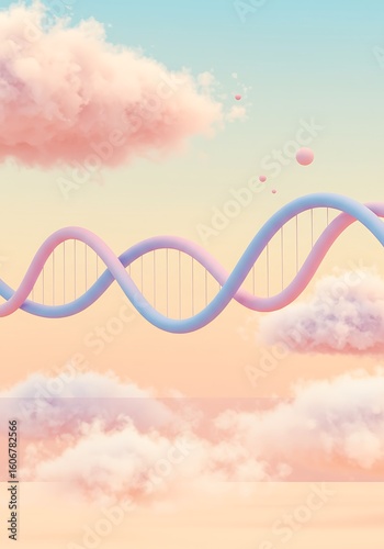 A pastel-colored DNA strand illustration with pink and blue hues against a dreamy sky with fluffy clouds.