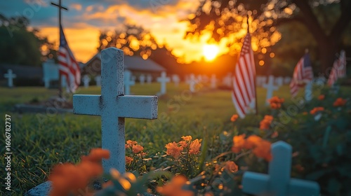 Golden hour photo captures cemetery scene with crosses american flags and orange flowers