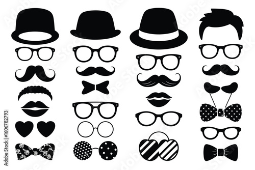 A collection of black and white graphic elements including hats glasses mustaches and bow ties arranged