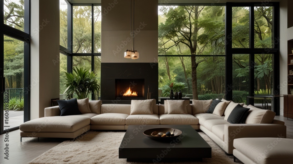 Fototapeta premium Modern living room with fireplace and large windows