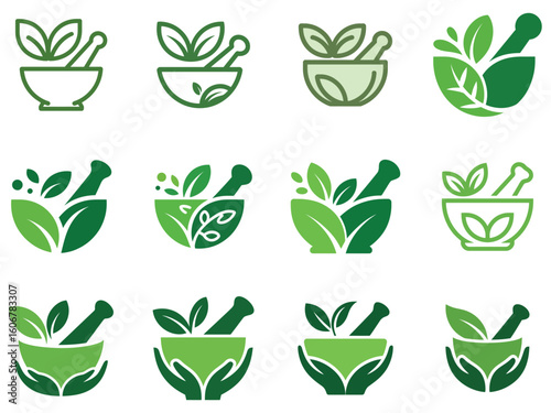 Green mortar and pestle with leaves icons herbal medicine