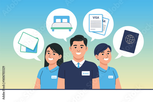 Team of travel agents with visa passport and hotel icons in speech bubbles offering travel services