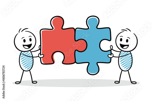 Two stick figures holding a red and blue jigsaw puzzle piece connecting together on a white background