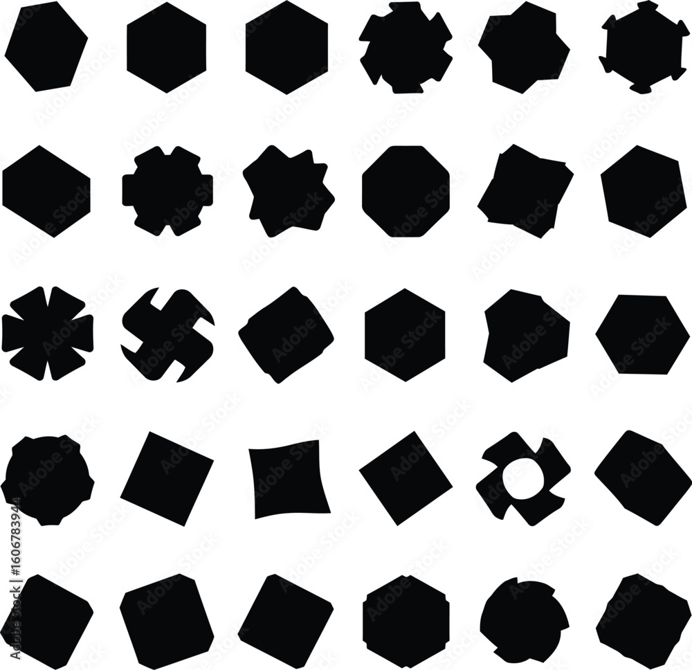 Set of black geometric polygon shapes with various abstract and distorted designs, on a white background. This vector collection includes regular hexagons, octagons, and unique custom forms.