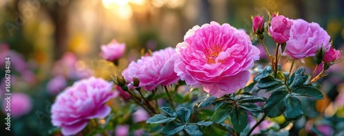Rugosa rose echo in floral tempo concept. Beautiful pink roses blooming in a serene garden at sunset.