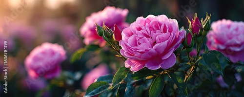 Rugosa rose echo in floral tempo concept. A beautiful pink rose blooming in a vibrant garden setting.