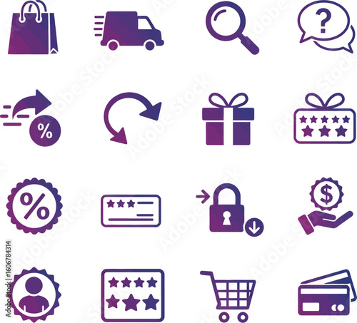 E-commerce and Online Shopping Vector Icon Set: Modern Gradient Designs for Digital Retail, Delivery & Payment.