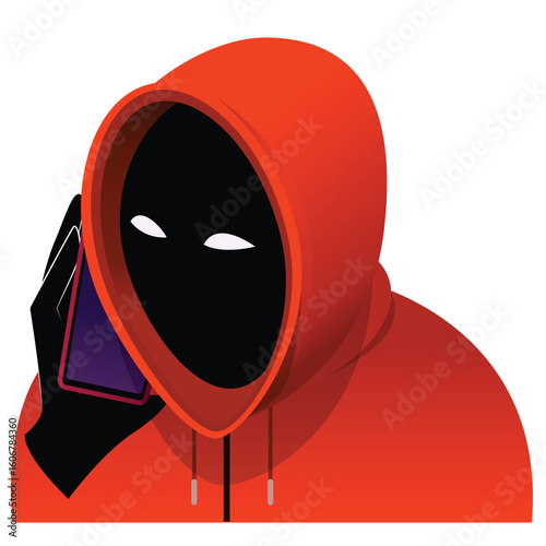 Cyber security hoodie with a hidden face, digital hacker. Cyber security concept. A man wearing a hoodie with a hidden face talking on a phone. Cyber attack and data hack. Fraud man.