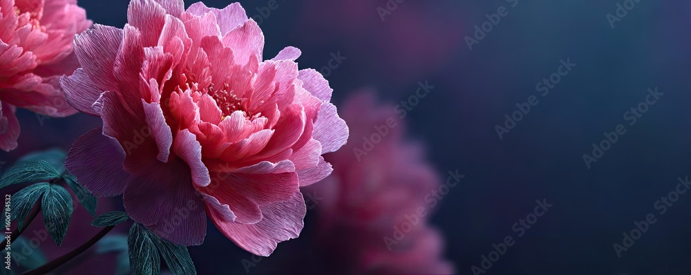 Obraz premium Rugosa rose echo in floral tempo concept. Beautiful pink peony flower with soft petals and rich colors.
