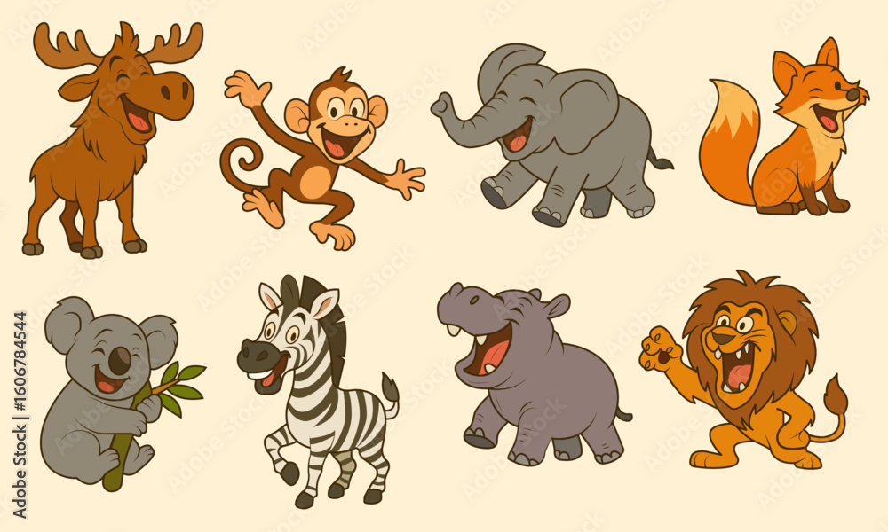 Obraz premium Flat vector illustration set of funny wild animals, including moose, monkey, elephant, fox, koala, zebra, hippo, and lion. 
