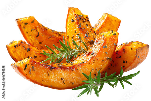 On transparent background slices of roasted pumpkin seasoned with herbs and spices are artfully arranged on a