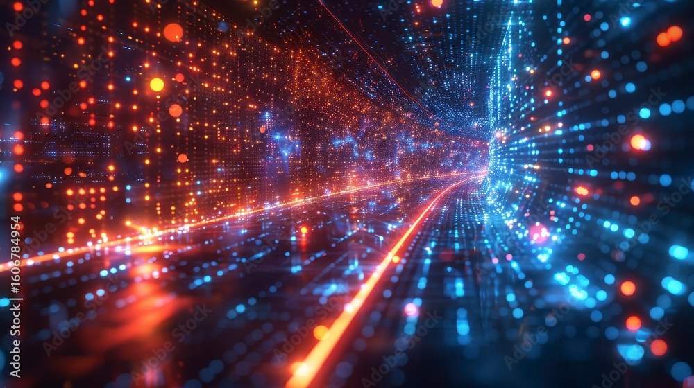 Naklejka premium Data flow tunnel of bright orange and blue digital lights