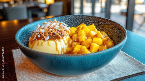 Wallpaper Mural Mango parfait gourmet dessert with golden mango cubes and coconut flakes in handcrafted blue bowl on wooden table Torontodigital.ca