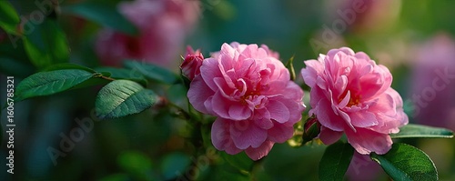 Rugosa rose echo in floral tempo concept. Beautiful pink flowers blooming in a lush green garden.
