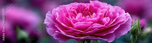 Rugosa rose echo in floral tempo concept. A vibrant pink flower blooms beautifully in a lush garden.