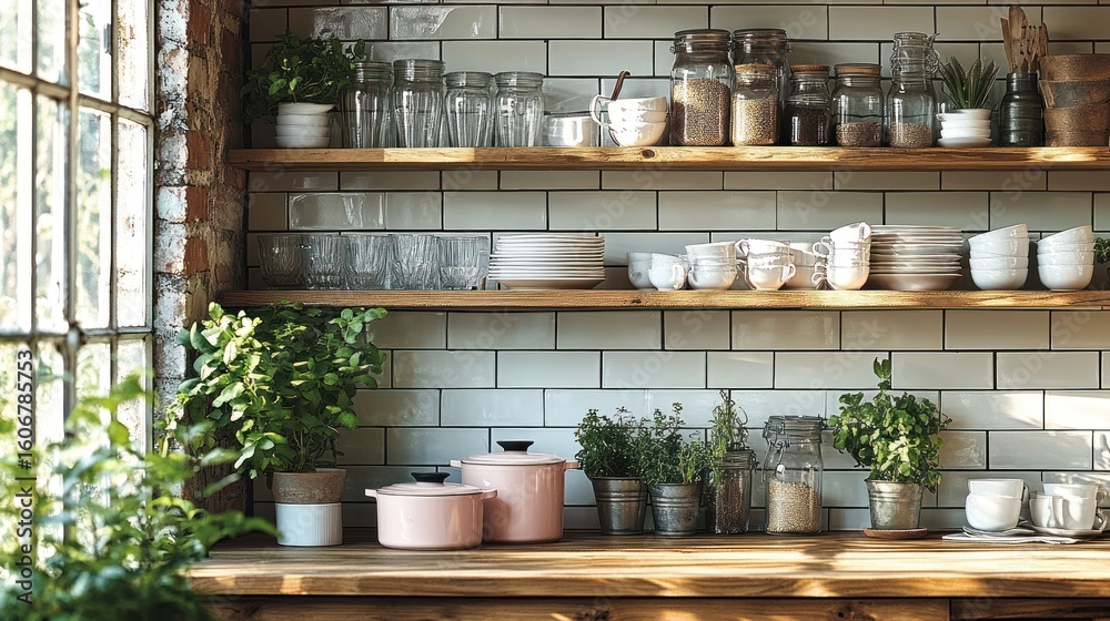 Fototapeta premium Rustic kitchen with open shelving, displaying various home goods and plants. Sunlight streams through a large window