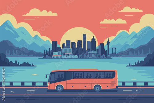 Orange bus with passengers on a road with a city skyline and mountains in the background at sunset