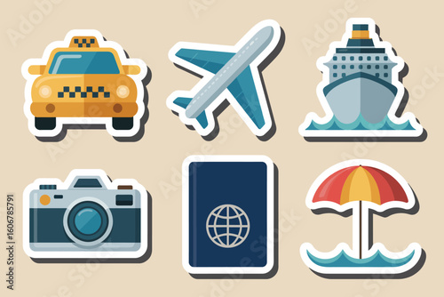 Illustration of travel icons including a taxi airplane cruise ship camera passport and beach umbrella sticker
