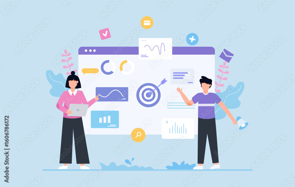 Fototapeta premium Business Marketing Strategy Illustrating Team Collaboration and Digital Analysis with Laptop and Dashboard Elements in a Modern Workspace