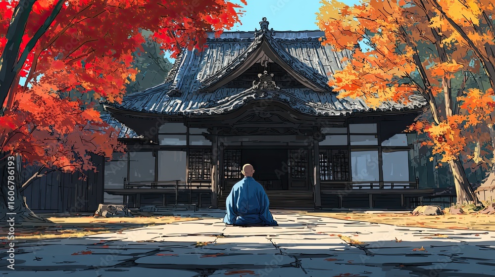Obraz premium Japanese monk in blue robe sitting before black and white temple with red autumn trees in background, honoring Obon Festival and ancestral remembrance in traditional Japanese culture
