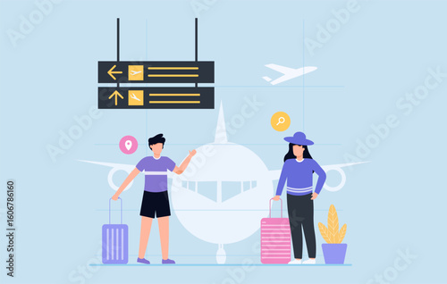 Couple of Travelers at an Airport with Luggage and Directional Signage Surrounded by Airplane and Vacation Atmosphere