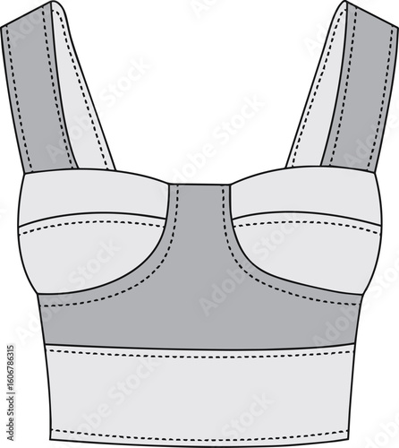 Bustier Crop Top with Wide Straps | Technical Fashion Illustration | Flat Apparel Template CAD | Front and Back Views