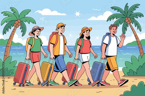 Group of four cartoon people walking on a beach with luggage and palm trees on a sunny day vacation trip