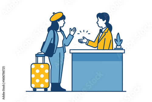 Woman checking in at a hotel reception desk with a yellow suitcase and a receptionist in yellow suit