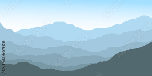 A minimalist vector illustration of layered mountains panoramic  in various blue tones, creating a calm and peaceful atmosphere