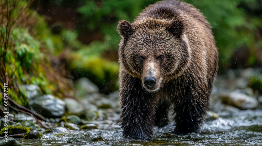 Fototapeta premium Majestic brown bear crossing a shallow stream in a lush wilderness setting