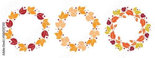 Aesthetics fall wreaths of colorful foliage and berries. Set of round foliage rims of autumn mood. Leaf ring template, vector graphic
