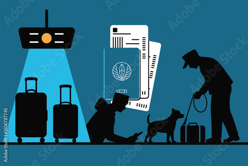 Illustration of airport security with luggage passport tickets dog and security personnel in silhouette